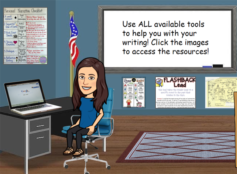 Classroom setting with a teacher desk on the left. Teacher is sitting at the desk and has a laptop open on the desk. US flag is in the back corner of the room. A diamond patterned rug is on the floor and the back wall has literacy posters. One poster reads "Use ALL available tools to help you with your writing! Click the images to access the resources!" Classroom setting with a teacher desk on the left. Teacher is sitting at the desk and has a laptop open on the desk. US flag is in the back corner of the room. A diamond patterned rug is on the floor and the back wall has literacy posters. One poster reads "Use ALL available tools to help you with your writing! Click the images to access the resources!"