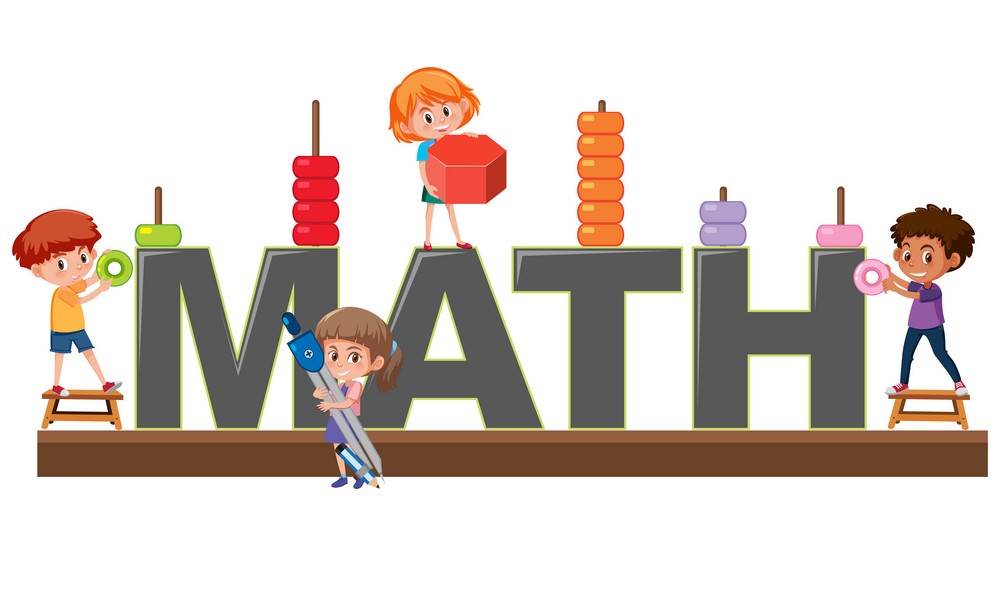 The word "MATH" sits on top of a bookshelf. Four students are standing around it each holding something different (ie. a compass (drawing tool), and the others are holding counting beads.) The word "MATH" sits on top of a bookshelf. Four students are standing around it each holding something different (ie. a compass (drawing tool), and the others are holding counting beads.)