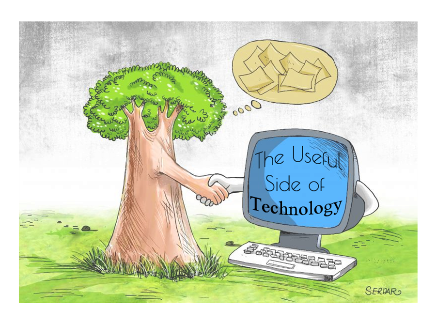 Tree shaking hands with a computer. Computer screen reads "The Useful Side of Technology".
