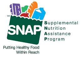 Grocery bag on the left with eggs, milk, bread and an apple showing out of the top. Under the bag reads "Putting Healthy Food within Reach." To the right of the bag reads "Supplemental Nutrition Assistance Program." The bag has in large letters, "SNAP"."