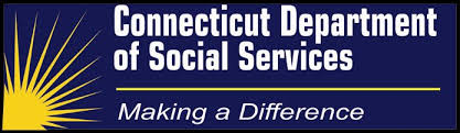 Blue banner with an image of the sun on the left bottom corner. Banner reads "Connecticut Department of Social Serivces, Making a Difference."