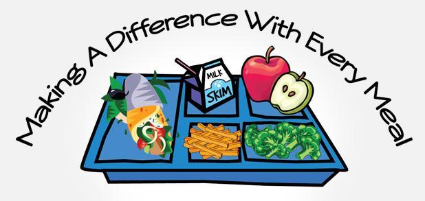 Blue school lunch tray with broccoli, french fries, skim milk, an apple and a sandwich wrap. Above the tray are the words "Making a Difference with Every Meal."