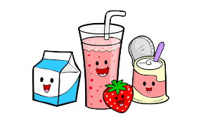Images of drinks, first on the left a carton of milk with a straw, to the right is a glass of juice and a strawberry. To the right of the juice is a container of open yogurt. All of the images have smiling faces on them. Images of drinks, first on the left a carton of milk with a straw, to the right is a glass of juice and a strawberry. To the right of the juice is a container of open yogurt. All of the images have smiling faces on them.