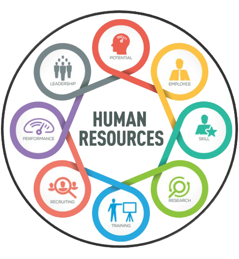 Circle containing 8 smaller circles with images inside each along with a title. Starting at the top moving in a clockwise direction are the following; picture of a head that reads "Potential", figure of a man that reads "Employee", figure of a person with a star that reads "Skill", looking glass surrounded with arrows that reads "Research", figure of a person standing with an easel that reads "Training", image of three heads with one inside a looking glass that reads "Recruiting", speedometer from a car that reads "Performance", and circles creating a pyramid with the bottom row as men that reads "Leadership". The middle reads "Human Resources".