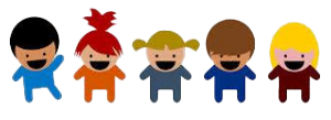Clipart of five different children standing in a row next to each other. 