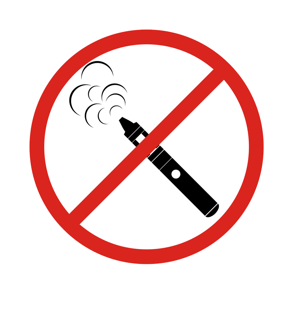A silhouette of an e-cigarette in a red circle with a red line through it.