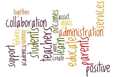 Wordle with the words: together, collaboration, assist, goals, administration, positive, create, support, futures, planning, academics, students, teachers, work, learn, educate, outcomes, services, parents.