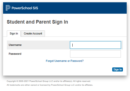 Image of login screen for Powerschool Parent and Student portal.