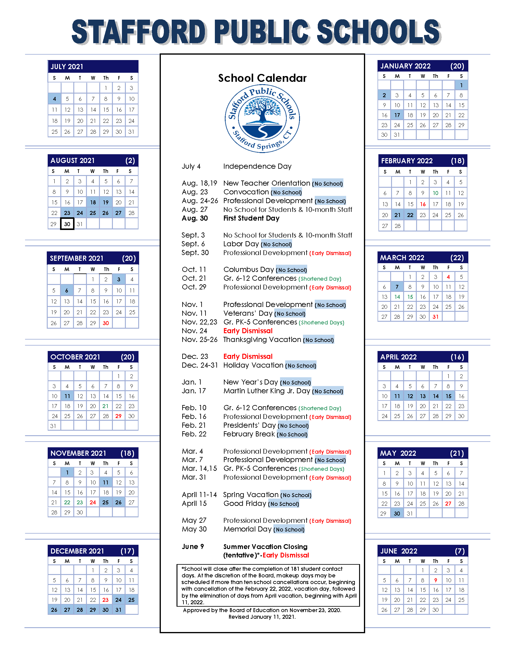 Image of the Stafford Public Schools District Calendar.