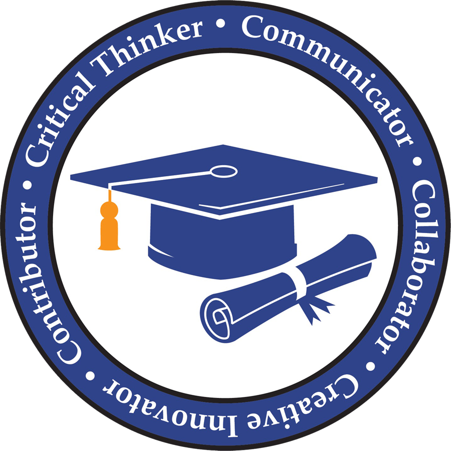 Stafford Public Schools Portrait of the Graduate logo. Circle with words; "Critical Thinker, Communicator, Collaborator, Creative Innovator, Contributor". Inside the circle is a graduation cap with tassel and a scroll laying next to it.