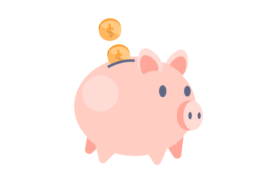Pink piggy bank with coins dropping into it.