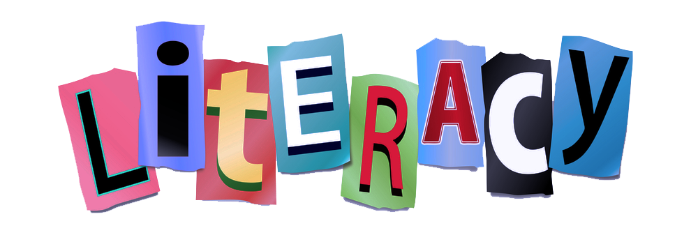 Collage of letters that look as they were cut from a newspaper that spell "Literacy".