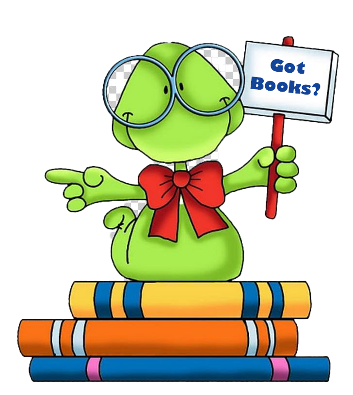 Bookworm on top of a stack of books holding a sign that reads "Got Books?".