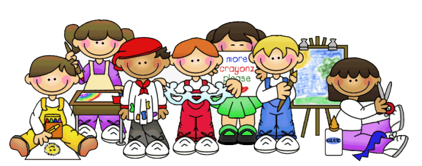 Group of seven children all doing different art projects.