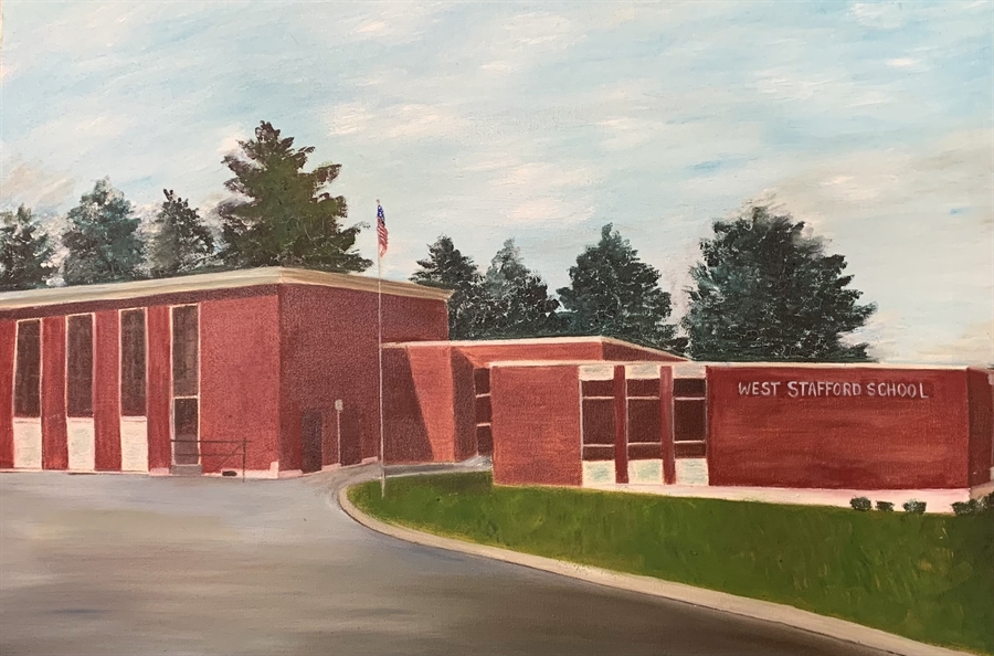 Drawing of the front of West Stafford School from before entrance was changed.