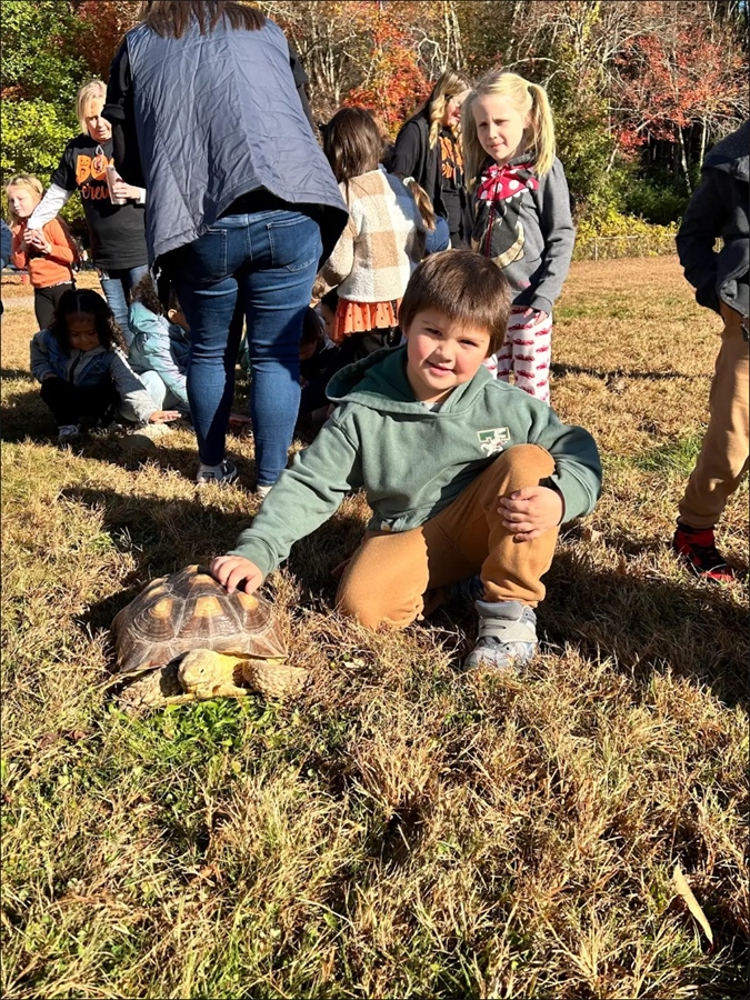 Student petting a turtle