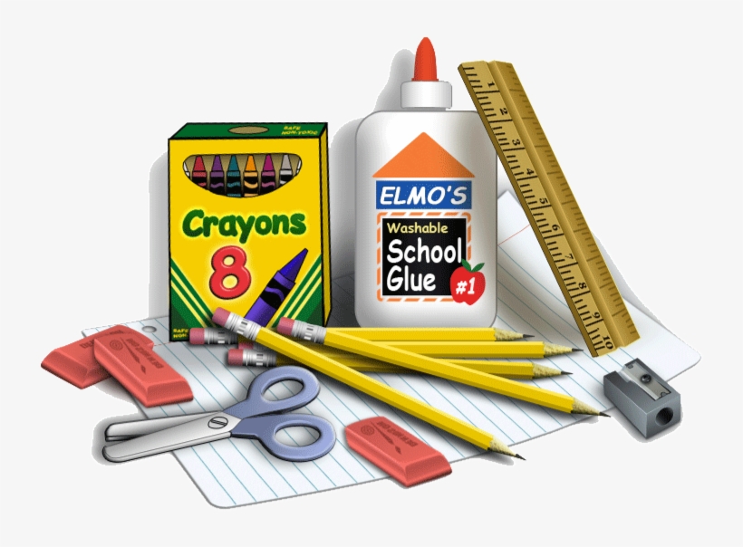 School supplies to include; pencils, crayons, ruler, glue, paper and erasers