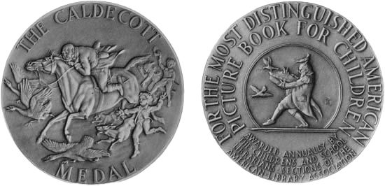 Front and back image of the Caldecott Medal.