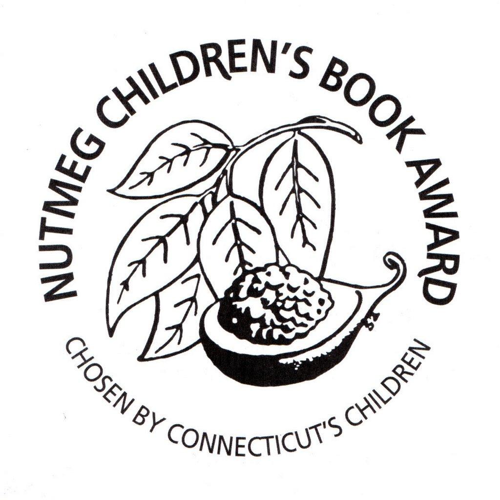 The Nutmeg Book Award logo. The center is a half of a dried nutmeg seed with leaves in the background. Across the top reads "Nutmeg Book Award" and across the bottom reads "Chosen by Connecticut's Youth".