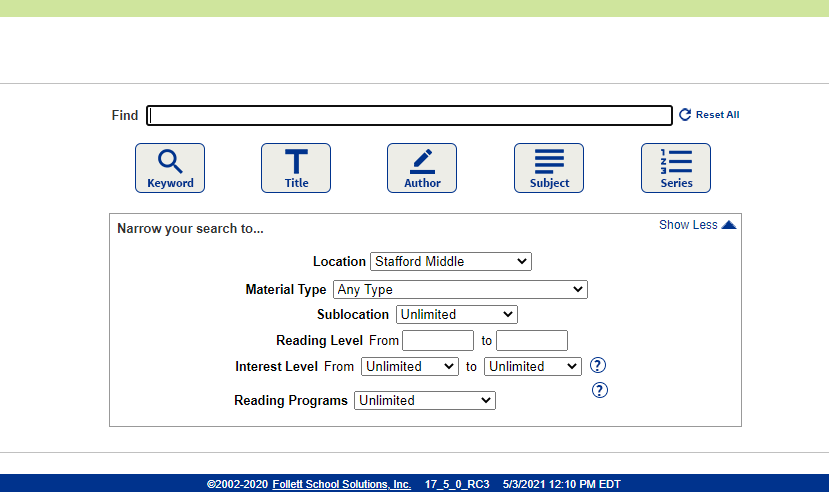 Screen shot from Follett School Solutions' program Destiny on the Library Search page.