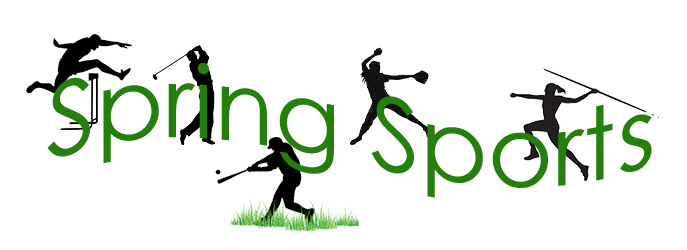 Silhouette of players for different sports representing Stafford High School's spring sports. From left to right they represent; boys track and field, golf, baseball, softball and girls track and field. . In the background are leaves and at the top reads "Spring Sports".