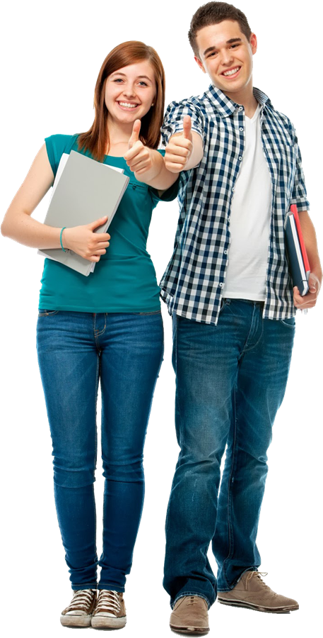 Two students standing shoulder to shoulder. Student on the left is a female and student on the right is a male. Both students are holding a notebook and have their arm extended giving a 'thumb's up'. Two students standing shoulder to shoulder. Student on the left is a female and student on the right is a male. Both students are holding a notebook and have their arm extended giving a 'thumb's up'.