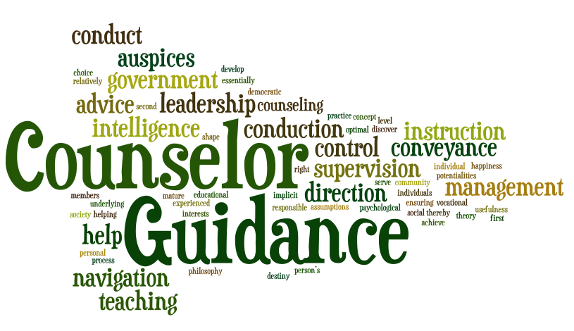 Wordle made of words having to do with counseling. Example of words are; conduct, help, navigation, management, instruction, control, leadership, helping, choice, and develop. There are many additional words included.