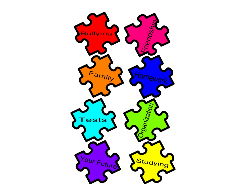 Eight (8) puzzle pieces, each a different color and different word on it. From upper-left, down the first column and over to the lower right-hand the puzzle pieces read; bullying, family, tests, your future, friendship, homework, organization, and studying.