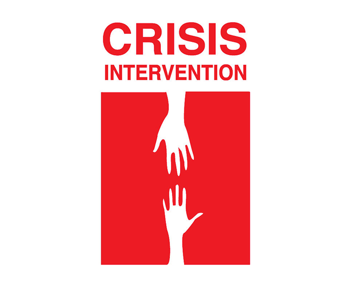 A red square with one hand reaching down towards a second hand reaching up. Above the square reads "Crisis Intervention".