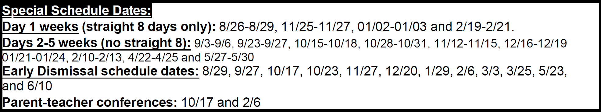 SHS Special Schedule Dates