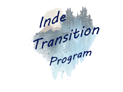 Title "Inde Transition Program" with a watercolor of the mountains, with trees and the sun in the background.