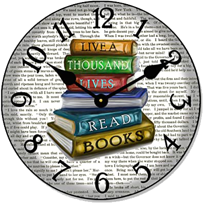 The face of a clock with the background with text from a book. In the center of the clock are six books stacked. On the spine of the books reads "Live a thousand lives, Read books".