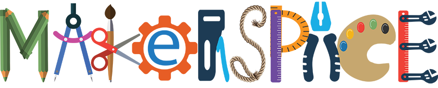 "Makerspace" spelled out with multiple different tools. For instance the "M" is created with pencils.