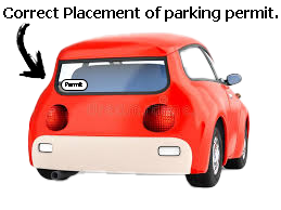 View of the rear end of a red car, with a decal (permit) on the lower left-hand side of the back window. Above the car it reads 'Correct placement of parking permit' and has an arrow from the left of the title to the decal on the window.