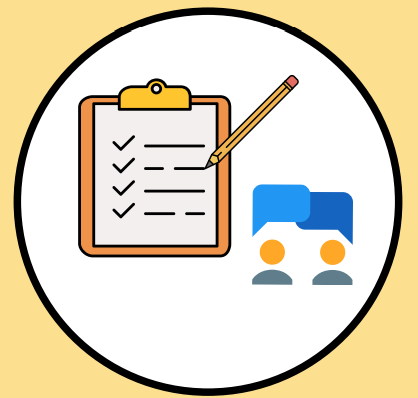 Circle with a clipboard and pencil on one side and two people each with a thought bubble above their head on the other.