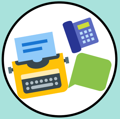 Circle with a typewriter, telephone and a thought bubble inside of it.