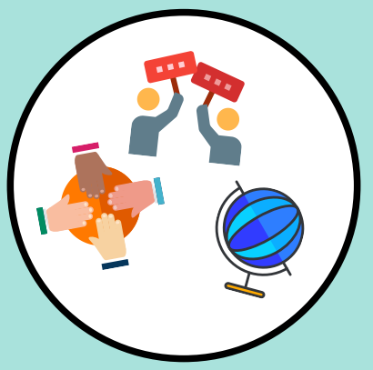 Circle with a globe, four hands coming together and two people standing with signs above their heads.