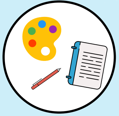 Circle with a painter's palette, a pen and a notebook inside.