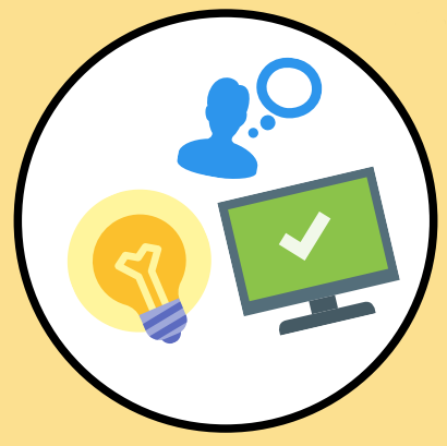 Circle with a light bulb, computer screen and person's head with a thought bubble.