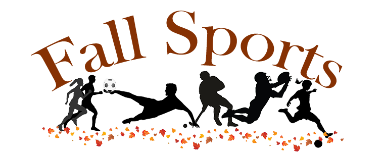 Silhouette of players for different sports representing Stafford High School's fall sports. From left to right they represent; boys and girls cross country, boy's soccer, field hockey, football and girl's soccer. . In the background are leaves and at the top reads "Fall Sports".