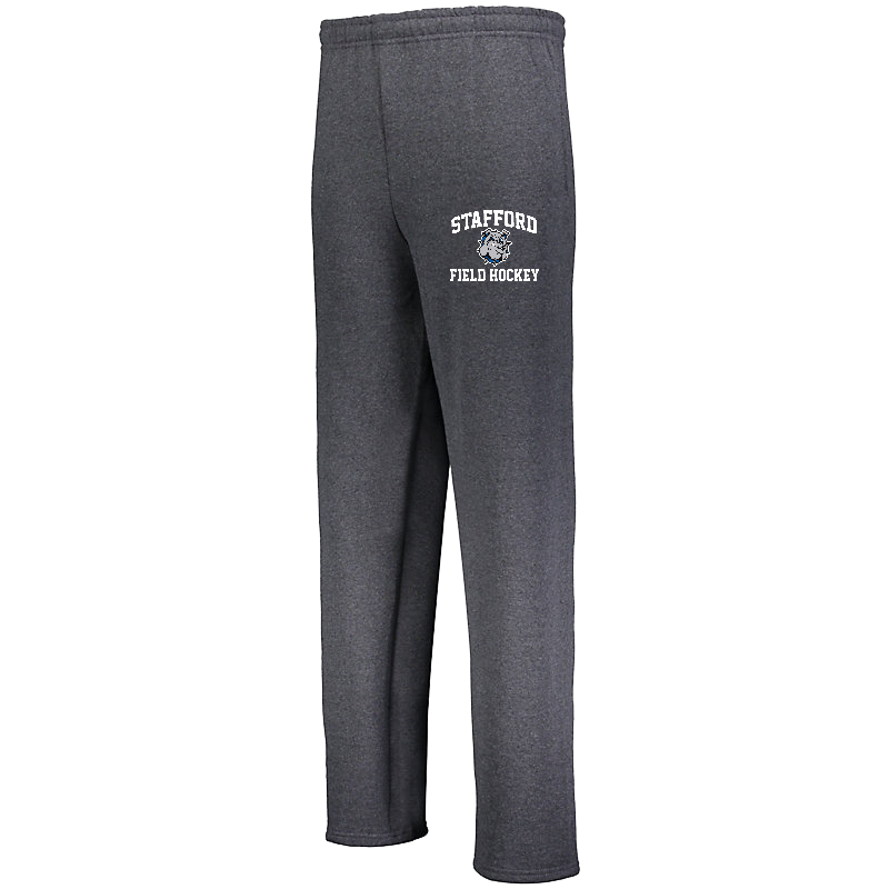 Dark grey long sweatpants with high school mascot (bulldog) in between "Stafford... " on the left upper thigh.