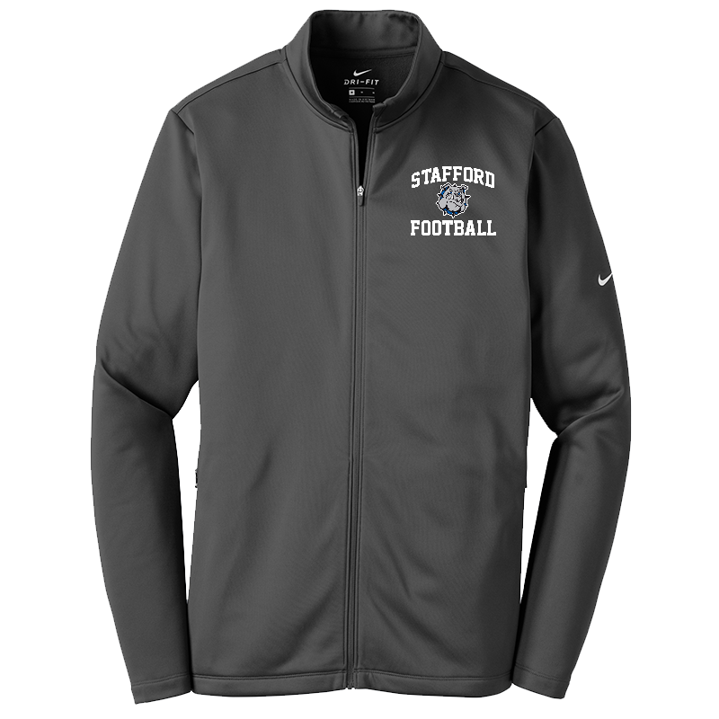 Dark grey zipper jacket with the high school mascot (bulldog) on the left side with "Stafford... Football".