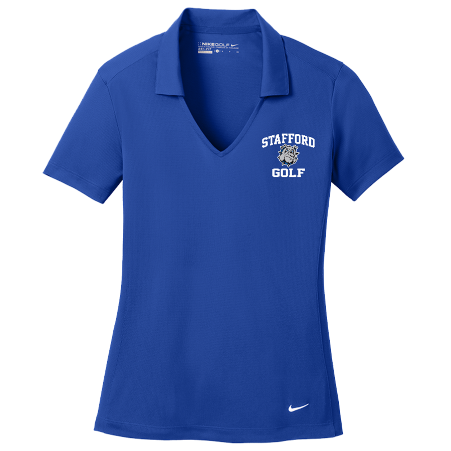 Blue V-neck polo shirt with the high school mascot (bulldog) on the left-hand side in between "Stafford... Golf".
