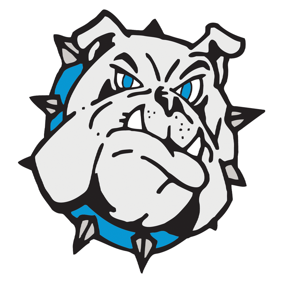 Bulldog with a blue collar, representing the high school mascot.