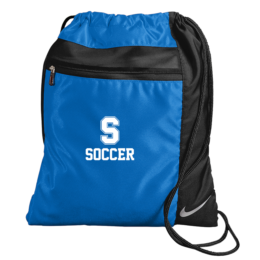 Blue cynch sac with black sides. A big letter "S" is above the word "Soccer".