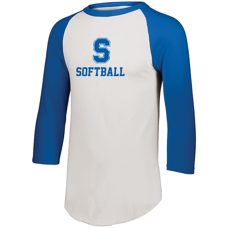 White shirt with blue sleeves and a blue stripe for the collar. On the front is a large "S" centered over "Softball".