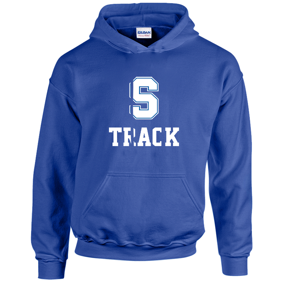 Blue sweatshirt with a large "S" on the front with "Track" underneath.