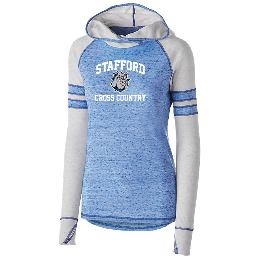 Light blue hoodie with grey sleeves. Each sleeve has two blue bands around the upper arm. The front has the high school mascot (bulldog) in between "Stafford... Cross Country".