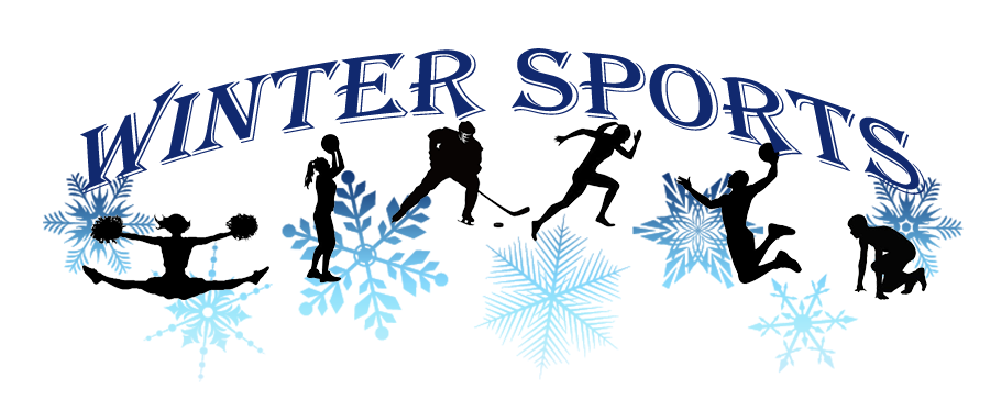 Silhouette of players for different sports representing Stafford High School's winter sports. From left to right they represent; cheer, girl's basketball, ice hockey, girl's indoor track, boy's basketball and boy's indoor track. In the background are snowflakes and at the top reads "Winter Sports".