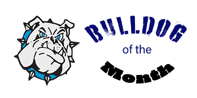 SHS mascot (bulldog) with "Bulldog of the Month" to the right of it.